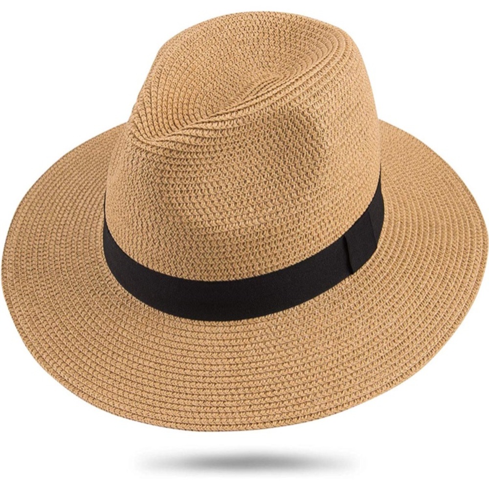 Unisex Wide Brim Straw Panama Hat-Khaki - Picture 1 of 7